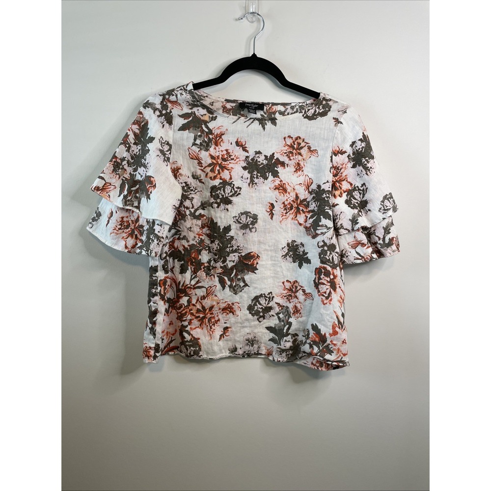 Lord Taylor Petite Floral Ruffle Sleeve‎ Top PS Cream Orange Blouse 100% Linen